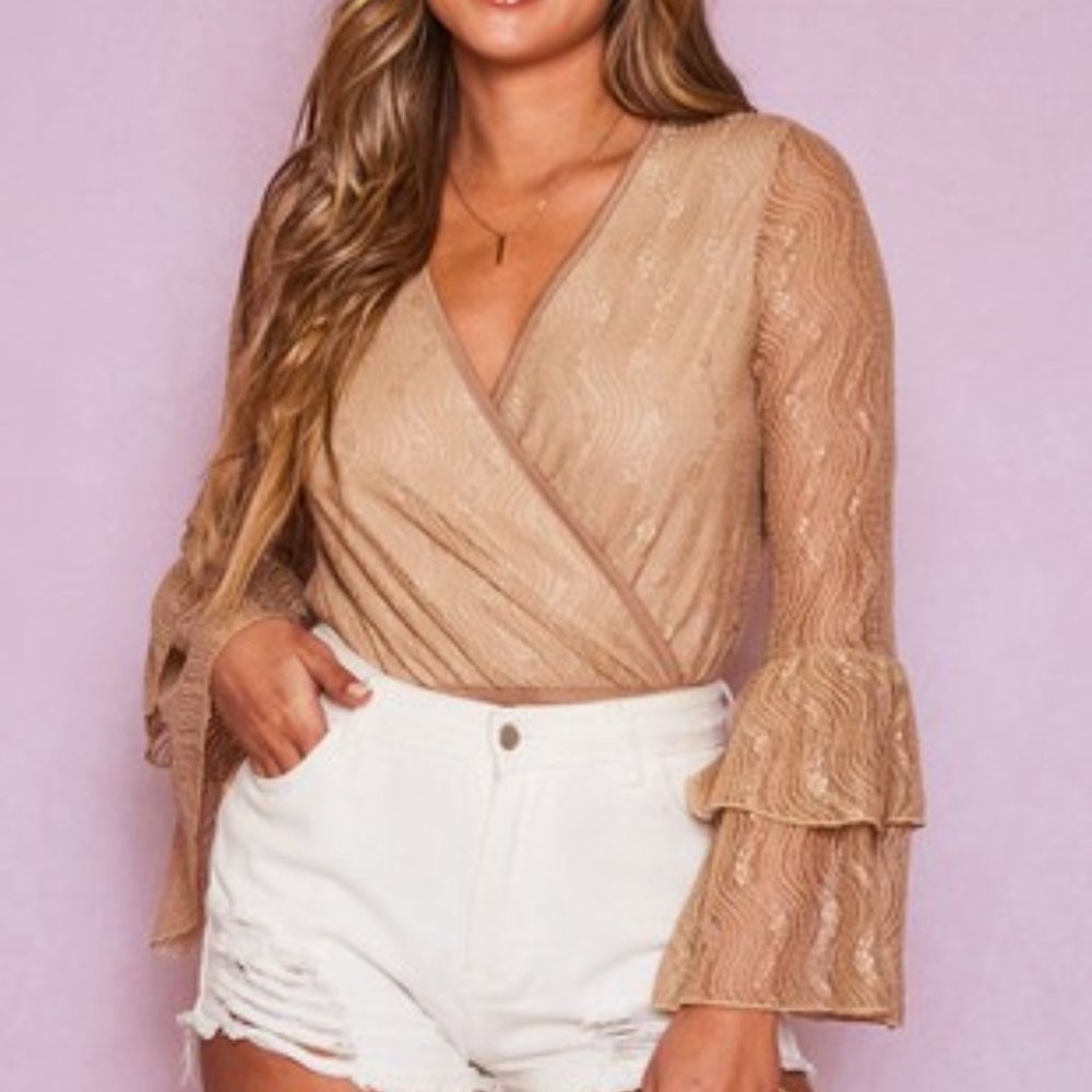 Tan Lace Long Sleeve Bodysuit - Peach Love California
